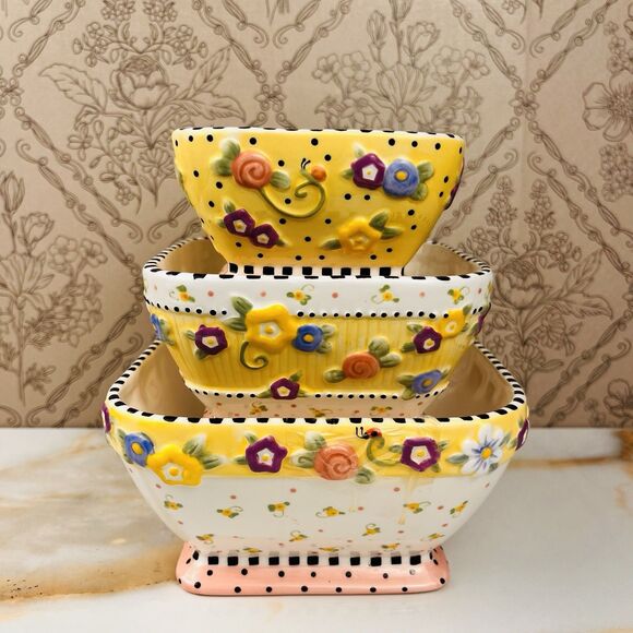 Vintage 2001 Mary Engelbreit Meadow Hostess Set Of 3 Bowls Floral Polk A Dot - Picture 1 of 12